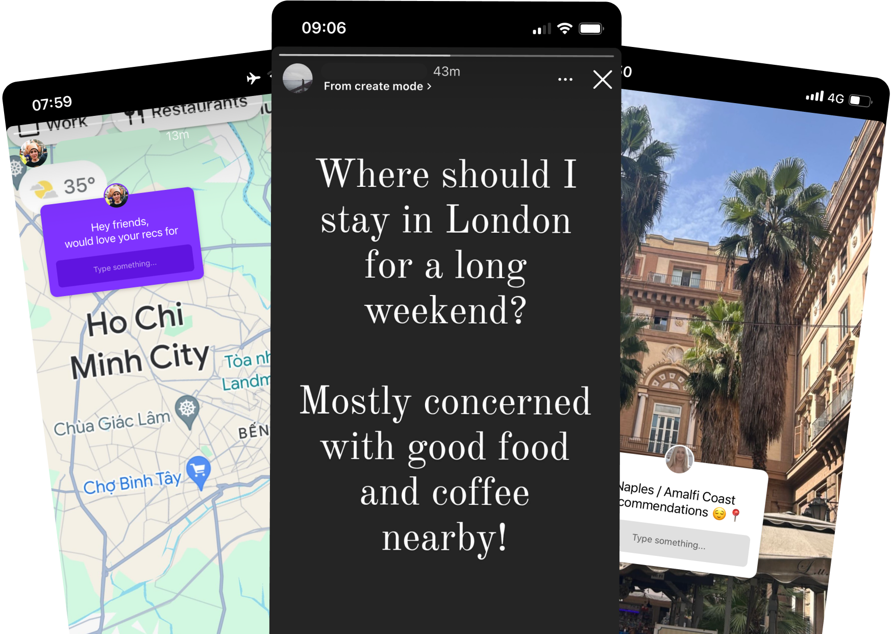 Social Media Stories asking friends for recommendations
